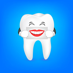 Cute cartoon tooth character holding the human mouth on the sheet of paper over the mouth. Dental care concept.  Illustration isolated on blue background.