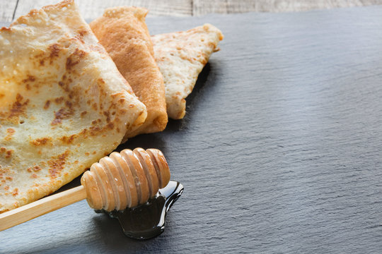 Russian tasty blin or pancake. Traditional morning food. Copy space for text.