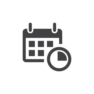 Calendar with clock icon in black on a white background. Vector illustration