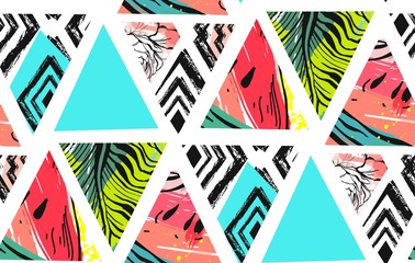 Hand drawn vector abstract summer time collage seamless pattern with watermelon,aztec and tropical palm leaves motif isolated.Unusual decoration for wedding,birthday,fashion fabric,save the date.