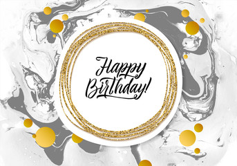 Happy Birthday Black Marble Texture Card. Shimmer Golden Banner Template on White Background. Vector Illustration Gold Foil Glitter Frame