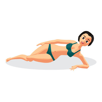 Young woman in bikini sunbathing lying on the beach. Vector flat