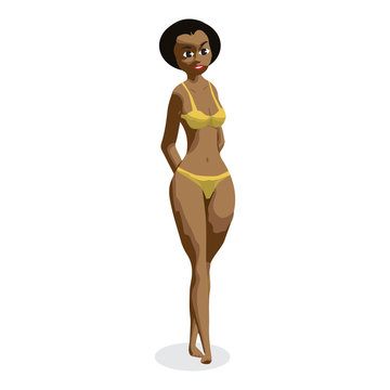 Slender afro black woman dressed in yellow swimsuit is standing.