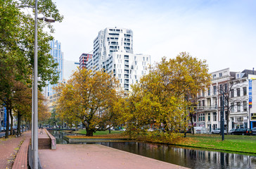 ROTTERDAM, Netherlands - November 12, 2017 : Street view of Rotterdam City Netherlands. back to 1270 when a dam was constructed in the Rotte river by people settled around it for safety.