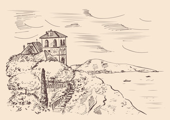 Villa on the mountain in the Mediterranean Sea. Hand drawn vector ink sketch.