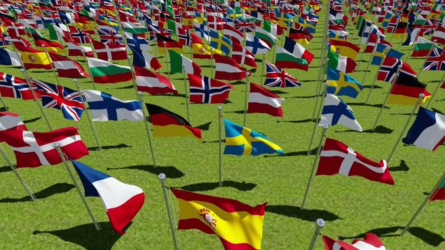 Flight over green field with Flags of European countries waving on the wind. View from above. Three dimensional rendering animation.