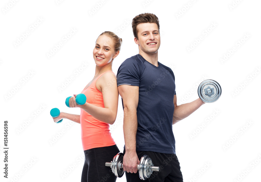 Sticker sportive man and woman with dumbbells