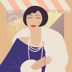 Portrait deco woman in manto and pearl necklace. France lettering cafe. Vintage style vector illustration