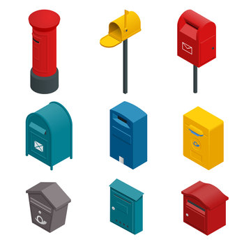 Isometric set of a post box or written postbox, collection box, mailbox, letter box or drop box. Flat vector colourful collection isoleted on white.