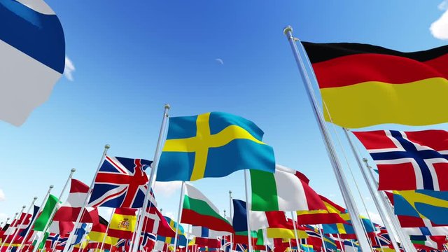 Waving all EU Flags are flying in blue sunny sky.  Three dimensional rendering animation.