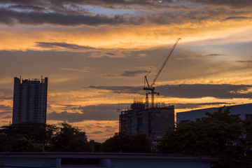 cranes are building evening time and silhouette