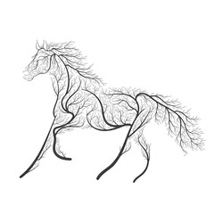Fototapeta na wymiar Concept horse jumping stylized bush for use on cards, in printing, posters, invitations, web design and other purposes.