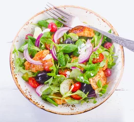 Gordijnen Fresh salad with chicken breast and vegetables. Healthy food. © bit24