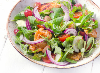 Fresh salad with chicken. Healthy eating. View from above