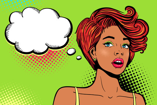 Wow pop art female face. Sexy surprised young african woman with open mouth, bright makeup, ginger hair and empty speech bubble. Vector colorful background in retro comic style. Invitation poster.
