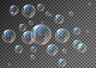 Realistic transparent soap bubbles with rainbow reflection set i