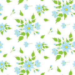 Drawing in a small blue flower with green leaves on a white background .Colored seamless background for textile, fabric, cotton fabric, cover, wallpaper, stamp, gift wrapping and scrapbooking.
