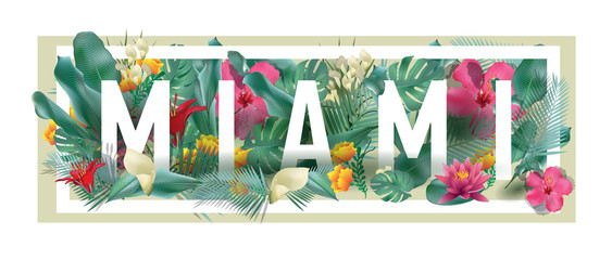 vector floral framed typographic MIAMI city artwork - obrazy, fototapety, plakaty