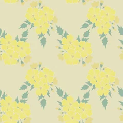 Foto op Aluminium A drawing in a small yellow flower with green leaves on a beige background. Colorful seamless background for textiles, fabric, cotton fabric, covers, wallpapers, print, gift wrapping and scrapbooking. © анютка фролова