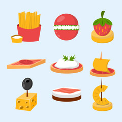 Various meat fish cheese banquet snacks on banquet platter canape snacks appetizer delicious vector.