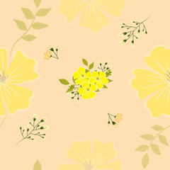 A drawing in a small yellow flower with green leaves on a light background. Colorful seamless background for textiles, fabric, cotton fabric, covers, wallpapers, print, gift wrapping and scrapbooking.
