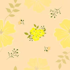 Foto op Plexiglas anti-reflex A drawing in a small yellow flower with green leaves on a light background. Colorful seamless background for textiles, fabric, cotton fabric, covers, wallpapers, print, gift wrapping and scrapbooking. © анютка фролова