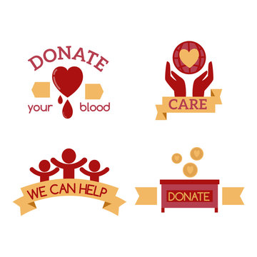 Donation And Volunteer Work Icons. Symbols Or Logo Of Human Care,  Assistance For Health, Help And Hope Sign, Medical Charity And Blood  Giving. Flat Design Elements In Red Color. Royalty Free SVG