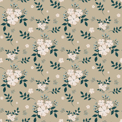 Obraz premium A drawing in a small delicate flower with green leaves. Colorful seamless background for textile, fabric, cotton fabric, cover, wallpaper, printing, gift wrapping and scrapbooking.