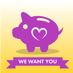 Vector image of pink piggy bank and text we want
