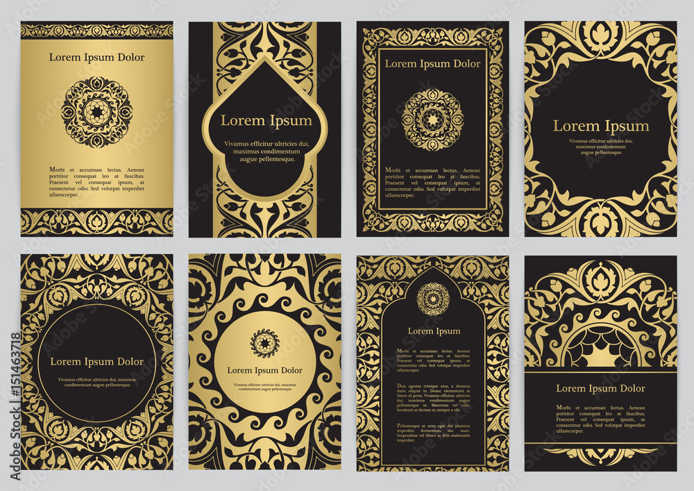 Sticker vector templates with florals in black, gold colors.