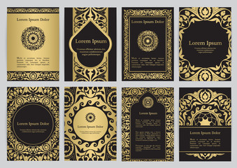 Vector templates with florals in black, gold colors.