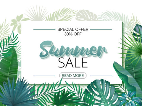 Summer Sale banner, poster. Realistic tropical palm leaves, paradise. Beautiful vector floral jungle summer background