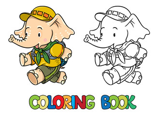 Running little baby elephant. Coloring book. Scout