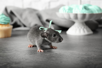 Cute little rat with bow on grey table at home