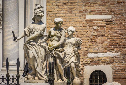 Classical Sculptures At The Porta Magna Main Gate Of The Venetian Arsenal, Venice, Italy.