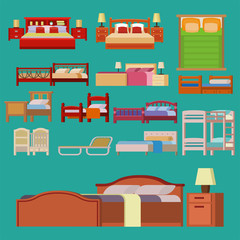 Vector bed icon set interior home rest collection sleep furniture comfortable night illustration.