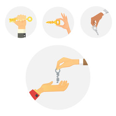 Hands holding key apartment selling human gesture sign security house concept vector illustration.