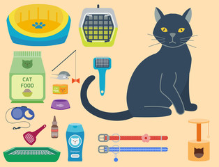 Colorful cat accessory cute vector animal icons pet equipment food domestic feline illustration.