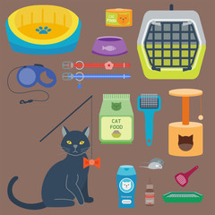 Colorful cat accessory cute vector animal icons pet equipment food domestic feline illustration.