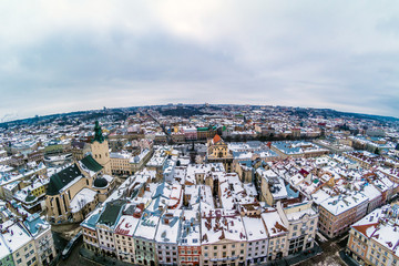 Obraz premium Winter panorama view from the Town Hall in Lviv, Ukraine.