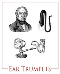 Medical equipment, ear trumpet and table trumpet, XIX century engraving