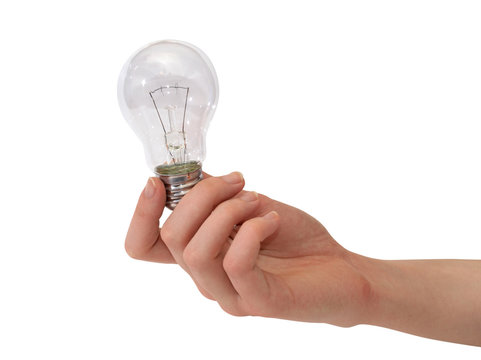 Electric lamp in female hand on a white background