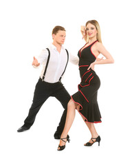 Couple of young dancers on white background