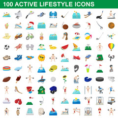 100 active lifestyle icons set, cartoon style
