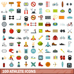 100 athlete icons set, flat style