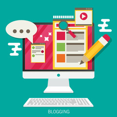 Computer with blogging activity. Flat vector. - obrazy, fototapety, plakaty