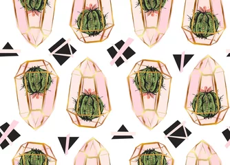 Behang Terrariumplanten Hand getekende vector abstracte naadloze patroon met gouden terrarium en cactussen planten in pastel kleuren geïsoleerd op witte bakground. Ontwerp voor decoratie, chique mode, stof, journaling, inwikkeling, home decor