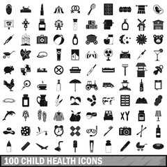100 child health icons set, simple style 