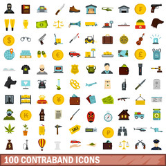 100 contraband icons set, flat style