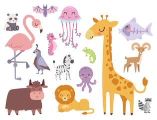 Naklejka premium Cute zoo cartoon animals isolated funny wildlife learn cute language and tropical nature safari mammal jungle tall characters vector illustration.